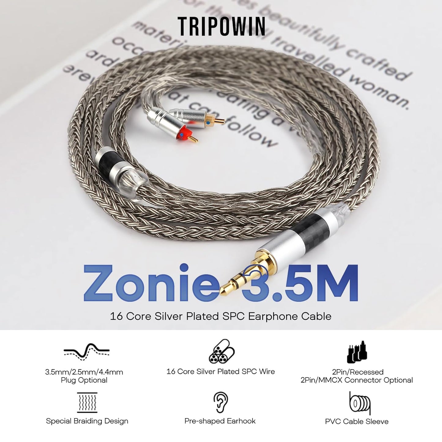 Zonie 16 Core Silver Plated Cable SPC Earphone Cable for BL03 TRN V90 V80 AS10 ZS10 ZS6 ES4 ZST ZSR Iems (2Pin 0.78-3.5Mm, Grey)